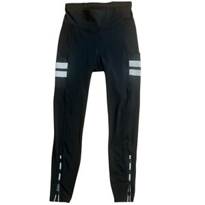 Stronger Women Small Black Ankle Zip Side Pocket White Stripe Leggings‎